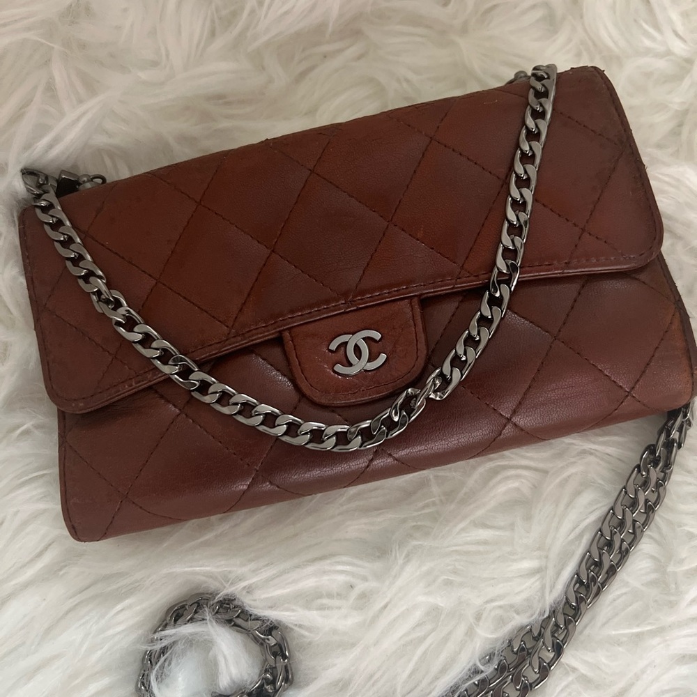 Authentic Chanel Brown Classic Flap Wallet With Chain - Picture 2 of 12